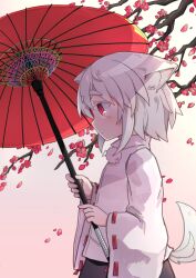 1girl absurdres animal_ear_fluff animal_ears black_skirt blush closed_mouth commentary_request cowboy_shot falling_petals from_side highres holding holding_umbrella inubashiri_momiji kibisake long_sleeves no_headwear oil-paper_umbrella petals pom_pom_(clothes) profile red_eyes ribbon-trimmed_sleeves ribbon_trim shirt short_hair skirt solo tail touhou tree turtleneck turtleneck_shirt umbrella white_hair white_shirt wide_sleeves wolf_ears wolf_girl wolf_tail