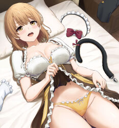 1girl absurdres anal_beads anal_tail bed blush bow bowtie bra breasts brown_eyes brown_hair brown_skirt butt_plug commentary_request corset fake_tail frilled_shirt frills gluteal_fold hairband highres inanaki_shiki isshiki_iroha lifting_own_clothes looking_at_viewer lying maid_headdress medium_hair on_back on_bed panties red_bow red_bowtie shirt skirt smile solo tail thighs underwear unworn_hairband waitress white_shirt yahari_ore_no_seishun_lovecome_wa_machigatteiru. yellow_bra yellow_panties