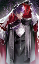 1boy arm_above_head arm_up black_cloak black_gloves cloak flower gloves hair_between_eyes high_collar highres holding holding_jewelry holding_necklace jewelry kenmochi_touya long_sleeves looking_at_viewer male_focus necklace nijisanji purple_flower purple_hair sanse_(sssei_33) short_hair smile solo virtual_youtuber wisteria yellow_eyes