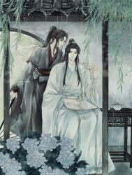 2boys architecture black_eyes black_hair black_hanfu book book_on_lap chinese_clothes closed_mouth cup east_asian_architecture flower hair_ribbon hand_on_another&#039;s_shoulder hanfu headband high_ponytail highres holding holding_book holding_umbrella hydrangea lan_wangji leaf long_hair long_sleeves looking_at_another male_focus modao_zushi multiple_boys oil-paper_umbrella open_book ponytail rain red_ribbon ribbon robe sash sidelocks sitting sleeves_past_wrists smile standing table teacup teapot topknot tray tree twitter_username umbrella w2biiro watermark wei_wuxian white_flower white_hanfu white_headband wide_sleeves yaoi yellow_eyes