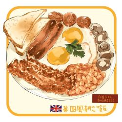 bacon beans bread bread_slice egg english_flag english_text food food_focus le_delicatessen meat mushroom no_humans original plate sausage simple_background still_life toast translation_request union_jack vegetable white_background