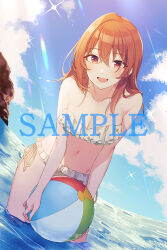1girl :d ball bare_arms bare_shoulders beachball bikini blue_sky blush breasts collarbone commentary_request crossed_bangs dutch_angle frilled_bikini frills groin hair_between_eyes holding holding_ball holding_beachball kohinata_iroha_(imouuzai) leaning_forward looking_at_viewer medium_hair navel ocean official_art open_mouth partially_submerged sample_watermark second-party_source side-tie_bikini_bottom sky smile solo sparkle standing strapless strapless_bikini swimsuit tomari_(veryberry00) tomodachi_no_imouto_ga_ore_ni_dake_uzai water watermark white_bikini