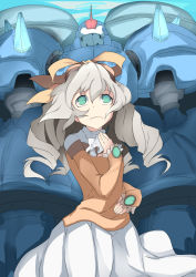1girl bow brown_hair dress drill_hair eesu female_focus goggles goggles_on_head green_eyes grey_hair hair_bow highres long_hair maria_balthasar mecha ribbon robot science_fiction seibzehn skirt sky solo xenogears yellow_bow