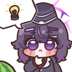 blue_archive blush_stickers bugi_33 chibi chibi_only food fruit halo haruka_(blue_archive) solo speech_bubble thinking thought_bubble watermelon white_background