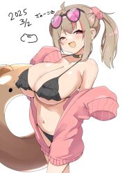 1girl bikini black_bikini black_choker blush breasts brown_hair choker cleavage fang frilled_bikini frills hand_on_own_chest highres innertube large_breasts light_brown_hair medium_hair nana_(mogs1225) navel open_mouth open_sweater original pink-tinted_eyewear pink_eyes scrunchie sleeves_past_wrists solo standing sunglasses sunglasses_on_head sweat swim_ring swimsuit tinted_eyewear twintails white_background