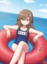 1girl absurdres abyssal_ship arashio_(kancolle) blue_one-piece_swimsuit blush breasts clothes_pull cloud cloudy_sky collarbone competition_school_swimsuit covered_navel crossed_legs day enemy_lifebuoy_(kancolle) highres kantai_collection konato_k long_hair looking_at_viewer name_tag old_school_swimsuit one-piece_swimsuit one-piece_swimsuit_pull outdoors school_swimsuit sky small_breasts swim_ring swimsuit water