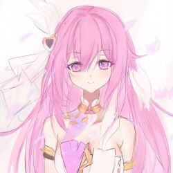 1girl breasts chinese_commentary cleavage commentary_request corset diamond-shaped_pupils diamond_(shape) elysia_(herrscher_of_human:_ego)_(honkai_impact) elysia_(honkai_impact) honkai_(series) honkai_impact_3rd large_breasts long_hair looking_at_viewer pink_hair purple_eyes simple_background smile solo symbol-shaped_pupils triquetra veil very_long_hair white_background white_corset white_veil xingyun_xing