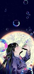 1girl black_hair blowing_bubbles blue_jacket bottle bow bowtie braid bubble bubble_pipe closed_mouth commentary_request drop_shadow from_side full_moon hair_ornament hair_ribbon hairpin half_up_braid hand_up highres holding holding_bottle jacket lapels light_blush long_hair long_sleeves looking_up moon multiple_hairpins mutu_katano night night_sky nijisanji pink_bow pink_bowtie pink_ribbon plaid_lapels purple_eyes ribbon sky solo star_(sky) starry_sky tsukino_mito tsukino_mito_(1st_costume) upper_body very_long_hair virtual_youtuber