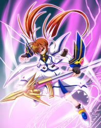 Rule 34 | 00s, 1girl, alternate costume, angry, bad id, bad pixiv id, female focus, fingerless gloves, gloves, jacket, kose, lyrical nanoha, magazine (weapon), magic circle, magical girl, mahou shoujo lyrical nanoha, mahou shoujo lyrical nanoha strikers, open clothes, open jacket, raising heart, raising heart (exceed mode), solo, takamachi nanoha, takamachi nanoha (exceed mode), twintails, white devil