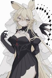 1girl animal_ears arknights arm_behind_back bags_under_eyes black_dress blonde_hair breasts cleavage commentary dorothy_(arknights) dorothy_(hand_of_destiny)_(arknights) dress halo hand_up highres jewelry light_smile long_hair long_sleeves looking_at_viewer medium_breasts micang_pu mouse_ears necklace pearl_necklace puffy_sleeves side_slit simple_background solo symbol-only_commentary veil very_long_hair white_background yellow_eyes