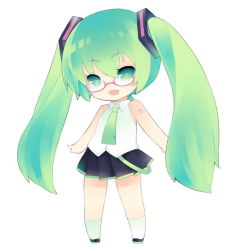 1girl chibi female_focus full_body glasses green_eyes green_hair hatsune_miku long_hair matching_hair/eyes saru semi-rimless_eyewear simple_background skirt smile solo tattoo under-rim_eyewear vocaloid white_background