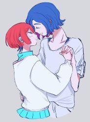 1boy 1girl amate_yuzuriha blue_hair blush collared_shirt colored_inner_hair face-to-face grey_background gundam gundam_gquuuuuux highres holding_hands lower_eyelashes_only multicolored_hair necktie open_mouth purple_hair red_hair school_uniform shirt short_hair shuji_ito simple_background skirt smile suubox sweater two-tone_hair white_shirt