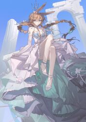 1girl absurdres amiya_(ambience_synesthesia_2025)_(arknights) amiya_(arknights) animal_ear_fluff animal_ears arknights bare_shoulders blue_eyes braid brown_hair crossed_legs crown detached_sleeves dress elbow_gloves flower_ornament gloves hair_ribbon halter_dress halterneck high_heels highres holding jewelry layered_dress long_hair multiple_rings off-shoulder_dress off_shoulder official_alternate_costume rabbit_ears rabbit_girl ribbon ring skirt_hold solo twin_braids white_dress white_gloves yuraku_(yealsiewa)