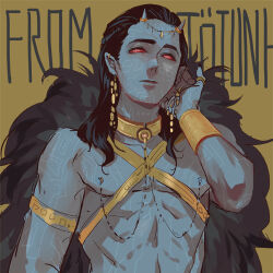 1boy bare_pectorals black_hair blue_skin bracelet cape colored_sclera colored_skin commentary earrings fur_cape horns jewelry loki_(marvel) long_hair lowres male_focus marvel neck_ribbon pectorals red_eyes red_sclera ribbon shiba44469 skin-covered_horns solo