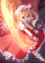 1girl :d ascot blonde_hair commentary_request fang fire flandre_scarlet frilled_socks frills hat highres holding holding_weapon laevatein_(touhou) long_hair looking_at_viewer mary_janes mob_cap niko_kusa open_mouth puffy_short_sleeves puffy_sleeves red_eyes red_shoes red_skirt red_vest scarlet_devil_mansion shirt shoes short_sleeves skirt smile socks solo touhou vest weapon white_hat white_shirt white_socks wings yellow_ascot