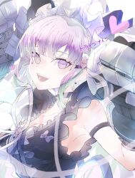 1girl :d akiba_hinagiku armpit_crease armpits bare_shoulders black_choker black_dress choker dress gauntlets grey_eyes hanemina heterochromia long_hair looking_at_viewer maid maid_headdress open_mouth pink_eyes pink_hair sleeveless smile solo tribe_nine upper_body variant_set