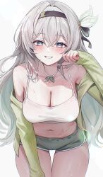 1girl absurdres alternate_costume bare_shoulders black_bow black_hairband blue_eyes blush bow breasts commentary cowboy_shot dolphin_shorts fingernails firefly_(honkai:_star_rail) gradient_hair green_hair green_jacket green_pupils green_shorts grey_hair hair_bow hairband hand_up highres honkai:_star_rail honkai_(series) jacket large_breasts leaning_forward long_hair multicolored_eyes multicolored_hair navel off_shoulder parted_lips purple_eyes short_shorts shorts simple_background smile solo stomach sweat tank_top thigh_gap two-tone_eyes white_background white_tank_top zije
