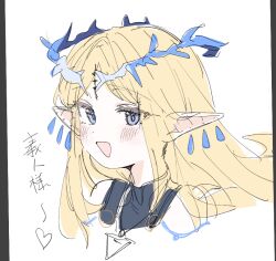 1girl bare_shoulders black_collar blonde_hair blue_eyes cartethyia_(wuthering_waves) collar crown_of_thorns earrings flat_color heart jewelry long_hair looking_at_viewer meeeeeeco359 necklace open_mouth pointy_ears simple_background sketch smile solo tacet_mark_(wuthering_waves) translation_request white_background wuthering_waves