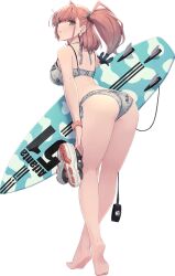 Rule 34 | 1girl, atlanta (kancolle), atlanta (swimsuit) (kancolle), bikini, breasts, brown hair, cloud print, earrings, fanged bangs, grey bikini, grey eyes, jewelry, kantai collection, large breasts, long hair, looking at viewer, official art, shizuma yoshinori, side-tie bikini bottom, simple background, solo, star (symbol), star earrings, surfboard, swimsuit, two side up