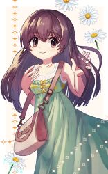 1girl bag brown_eyes brown_hair commission dress flower green_dress handbag highres long_hair looking_at_viewer mado_no_mukougawa plusplushm short_sleeves skeb_commission solo sonofuji_kei sundress white_flower