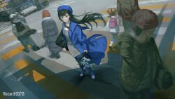 1girl asukayou black_hair blue_coat blue_footwear blue_hat bouquet bus car center-flap_bangs child city coat crosswalk denim flower from_above grey_shirt hat highres holding holding_bouquet jeans long_hair looking_at_viewer looking_up mob_face motor_vehicle open_clothes open_coat original outdoors pants parted_lips pavement people purple_eyes road road_sign shadow shirt sign solo_focus sports_utility_vehicle turtleneck turtleneck_shirt white_flower wind wind_lift