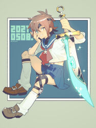 1boy 2021 brown_eyes brown_hair crossdressing dated eternal_arcadia eyepatch full_body holding holding_sword holding_weapon looking_at_viewer male_focus sasaki_tomomi school_uniform short_hair skirt skull_and_crossbones smile solo sword twitter_username vyse weapon