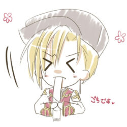 &gt;_&lt; 1boy blonde_hair chibi chibi_only closed_eyes coat commentary_request dated_commentary eating grey_hat hat high_priest_(ragnarok_online) lowres male_focus multicolored_coat newsboy_cap open_mouth ragnarok_online red_coat sharari short_hair simple_background solo two-tone_coat white_background white_coat