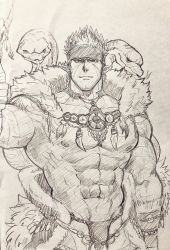 1boy abs animal_skull bara bare_pectorals bulge facial_hair fle0423 fur_trim goatee graphite_(medium) greyscale headband holding holding_staff large_pectorals loincloth long_sideburns male_focus mature_male monochrome multicolored_hair muscular muscular_male navel necklace nipples pectorals pointy_ears revealing_clothes short_hair sideburns sketch snake solo spiked_hair staff stomach tangaroa_(housamo) tattoo tokyo_houkago_summoners tooth_necklace traditional_media tribal tribal_tattoo two-tone_hair white_snake