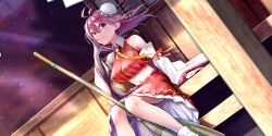 1girl alternate_costume bamboo_broom bandaged_arm bandages bare_shoulders between_legs breasts broom bun_cover closed_mouth commentary cosplay crop_top detached_sleeves double_bun dutch_angle english_commentary game_cg hair_bun hakurei_reimu hakurei_reimu_(cosplay) hakurei_shrine highres ibaraki_kasen large_breasts long_hair looking_at_viewer mappaninatta midriff nontraditional_miko official_art pink_eyes pink_hair red_shirt red_skirt ribbon-trimmed_sleeves ribbon_trim shirt sitting skirt skirt_set sleeveless sleeveless_shirt smile socks solo third-party_source touhou touhou_lostword white_sleeves white_socks wide_sleeves