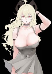 1girl areola_slip arm_behind_head arm_strap black_background black_choker black_horns blonde_hair breasts bright_pupils choker collarbone commentary covered_navel curled_horns dongtan_dress earrings hair_between_eyes horns jewelry key_earrings large_breasts long_hair looking_at_viewer meme_attire no_panties noir_(4chan) out-of-frame_censoring red_eyes simple_background solo unfinished white_pupils wuthering_waves zani_(wuthering_waves)
