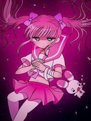 1girl animal bandaged_arm bandages black_eyes bow bubble closed_mouth collar ezaki_bisuko hair_bow hands_on_own_chest hexagram highres jewelry jitome light_blush long_hair menhera-chan_(ezaki_bisuko) menhera-chan_(ezaki_bisuko)_(character) midriff navel necklace pink_collar pink_sailor_collar pink_skirt pink_theme purple_bow rabbit sailor_collar school_uniform serafuku shaded_face short_sleeves skirt star_of_david thighhighs twintails underwater usatan_(ezaki_bisuko) white_serafuku white_thighhighs