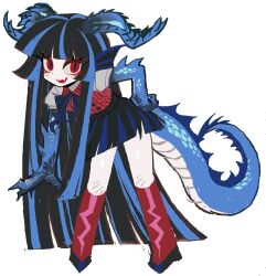1girl animal_hands black_hair black_skirt blue_hair blunt_bangs boots claws commentary dragon_girl dragon_horns dragon_tail english_commentary fangs fins full_body grey_shirt hand_on_own_hip head_fins highres horns kakke666 long_hair looking_at_viewer monster_girl multicolored_hair original pigeon-toed red_boots red_eyes red_vest shirt simple_background skin_fangs skirt slit_pupils solo streaked_hair tail torn_clothes torn_skirt very_long_hair vest white_background
