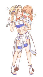 2girls :d ^_^ aqua_eyes bandeau blonde_hair blue_bandeau blue_hair boots braid breasts closed_eyes clothes_around_waist commentary_request costume_request covered_underboob crop_top crop_top_overhang dress fang flying_sweatdrops full_body goggles goggles_on_head gradient_hair hair_ornament hands_on_another&#039;s_stomach hasu_no_sora_school_uniform highres hinoshita_kaho jacket jacket_around_waist linea_alba link!_like!_love_live! looking_at_another love_live! medium_breasts multicolored_hair multiple_girls navel neckerchief official_alternate_costume open-toe_boots open_mouth orange_hair osawa_rurino rabbit_hair_ornament raised_inner_eyebrows red_neckerchief saboten_(sabo10_c) sailor_collar sailor_dress school_uniform skirt smile sparkle stomach summer_uniform twin_braids two_side_up virtual_youtuber white_boots white_dress white_jacket white_sailor_collar white_skirt