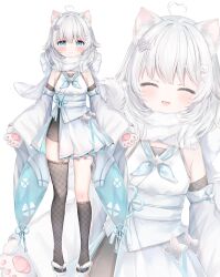 1girl :d ^_^ absurdres animal_ears animal_hands asymmetrical_legwear bare_shoulders blue_eyes blush closed_eyes commentary_request commission copyright_request detached_sleeves dog_ears dog_girl dog_tail facing_viewer fang full_body fur_scarf gloves grey_socks grey_thighhighs hair_between_eyes highres japanese_clothes kimono kneehighs long_sleeves looking_at_viewer multiple_views obi open_mouth paw_gloves rucaco sandals sash short_eyebrows shuriken_hair_ornament simple_background single_kneehigh single_sock single_thighhigh sleeves_past_wrists smile socks standing tail thick_eyebrows thighhighs virtual_youtuber white_background white_footwear white_gloves white_hair white_kimono white_sleeves wide_sleeves zouri