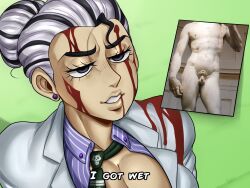 1girl bleeding blood blood_on_clothes blood_on_face breasts david_(michelangelo) detnox diamond_wa_kudakenai english_text fine_art genderswap genderswap_(mtf) highres jojo_no_kimyou_na_bouken kira_yoshikage large_breasts meme michelangelo multicolored_hair photo_(medium) statue_of_david straight_hair two-tone_hair