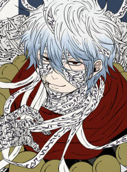 Rule 34 | 1boy, bandage on face, bandaged arm, bandaged hand, bandaged head, bandages, bead necklace, beads, blue hair, closed mouth, commentary, commentary request, gintama, gintama movie 2: yorozuya yo eien nare, gradient hair, hair between eyes, hand up, jewelry, looking at viewer, male focus, multicolored hair, necklace, official alternate costume, pike 121, red eyes, red scarf, sakata gintoki, scarf, short hair, smile, solo, two-tone background, two-tone hair, upper body, white hair