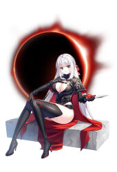 Rule 34 | 1girl, black boots, black gloves, black shirt, black shorts, black thighhighs, boots, bow, braid, breasts, cape, cleavage, closed mouth, closers, dagger, expressionless, full body, gloves, hair bow, high collar, high heel boots, high heels, highres, holding, holding dagger, holding knife, holding weapon, knees together feet apart, knife, large breasts, levia (closers), long hair, long sleeves, looking at viewer, micro shorts, midriff peek, official art, plunging neckline, pointy ears, purple eyes, shirt, shorts, simple background, sitting, solo, thigh boots, thighhighs, thighs, very long hair, weapon, white background, white hair