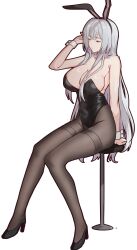 1girl absurdres ak-12_(girls&#039;_frontline) alternate_costume animal_ear_hairband animal_ears bare_shoulders black_leotard black_pantyhose black_shoes breasts closed_eyes closed_mouth fake_animal_ears girls&#039;_frontline hairband hand_up high_heels highres large_breasts leotard long_hair loveu on_stool pantyhose rabbit_ears shoes simple_background sitting solo white_background white_hair white_wrist_cuffs wrist_cuffs