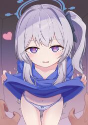 1boy 1girl adversarial_noise blue_archive blue_halo blue_hoodie blue_panties bow bow_panties clothes_lift collarbone commentary_request grey_hair halo heart heart_in_eye highres hood hoodie hoodie_lift lifting_own_clothes long_hair looking_at_viewer lower_teeth_only miyako_(blue_archive) miyako_(young)_(blue_archive) navel nenosame open_mouth panties polka_dot polka_dot_panties pov pov_hands purple_eyes side_ponytail symbol_in_eye teeth underwear