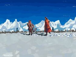 1boy 1girl baconepibaby black_boots black_hair blue_sky boots china_dress chinese_clothes cloud cloudy_sky coat double_bun dress faceless footprints forest hair_bun highres jia_xichun_(project_moon) limbus_company looking_at_another mountainous_horizon nature project_moon red_coat red_scarf rope_belt scarf scenery shadow sky snow walking wei_(project_moon) white_streaks