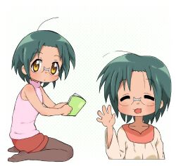 Rule 34 | 1girl, :3, ben-day dots, blush, book, cacctus32, closed eyes, glasses, green hair, holding, holding book, looking at viewer, lucky star, narumi yui, open mouth, pantyhose, red skirt, screentones, shirt, skirt, sleeveless, sleeveless turtleneck, turtleneck, waving, white background, yellow eyes
