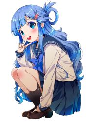 Rule 34 | 1girl, asari nanami, black socks, blue bow, blue bowtie, blue eyes, blue hair, blunt bangs, blush, bow, bowtie, brown shoes, commentary request, fish hair ornament, hair ornament, hair rings, highres, idolmaster, idolmaster cinderella girls, loafers, long hair, long sleeves, looking at viewer, michii yuuki, pleated skirt, school uniform, serafuku, shoes, simple background, single hair ring, skirt, smile, socks, solo, squatting, teeth, upper teeth only, v, very long hair, white background