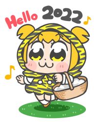 1girl 2022 :3 animal_print basket bkub blush_stickers chinese_zodiac clenched_hand commentary dot_nose elbow_carry full_body holding holding_basket hood hood_up hooded_coat musical_note orange_hair orange_shoes poptepipic popuko shirt shoes short_hair short_twintails simple_background skipping socks solo tiger_print twintails two_side_up white_background white_shirt white_socks year_of_the_tiger yellow_eyes