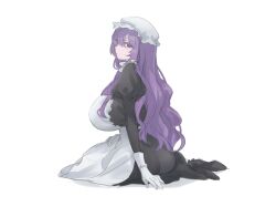 1girl apron black_dress borrowed_character breasts closed_mouth commentary_request dress flipped_sidelocks francoise_(eurasia) frilled_apron frilled_headwear frills full_body fumi_(kazare_7) gloves hat highres huge_breasts juliet_sleeves long_hair long_sleeves maid maid_apron mob_cap original puffy_sleeves purple_eyes purple_hair revision simple_background sitting solo wavy_hair white_apron white_background white_gloves white_hat