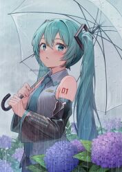 1girl :o amayomiyu aqua_eyes aqua_hair aqua_necktie aqua_trim armpit_crease bare_shoulders black_skirt black_sleeves blush breasts collared_shirt commentary_request cowboy_shot detached_sleeves double-parted_bangs field flower flower_field frilled_shirt_collar frills from_side grey_shirt hair_between_eyes hair_ornament hatsune_miku holding holding_umbrella hydrangea long_hair long_sleeves looking_at_viewer looking_to_the_side necktie number_tattoo open_mouth overcast purple_flower rain shirt sidelocks skirt sky sleeveless sleeveless_shirt small_breasts solo standing tattoo transparent transparent_umbrella twintails twitter_username umbrella very_long_hair vocaloid wing_collar