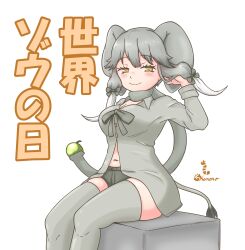 1girl absurdres african_forest_elephant_(kemono_friends) animal_ears blush bow elephant_ears elephant_girl elephant_tail green_shorts grey_hair grey_scarf grey_shirt grey_thighhighs hair_bow hand_in_own_hair highres kemono_friends long_sleeves looking_at_viewer midriff_peek multicolored_hair navel nokemono-san_(bocchi_friend) scarf shirt short_shorts shorts sitting smile solo thighhighs translation_request twintails white_hair yellow_eyes