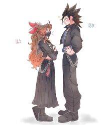 1boy 1girl 7_(milu577610) aerith_gainsborough aerith_gainsborough_(midgard_seventh_high_school) bandaid bandaid_on_cheek bandaid_on_face wallet_chain black_hair black_pants black_sailor_collar black_serafuku black_shoes black_skirt blue_eyes blue_skirt blush brown_hair chinese_commentary commentary_request crossed_arms delinquent eye_contact final_fantasy final_fantasy_vii final_fantasy_vii_ever_crisis from_side full_body green_eyes grin hair_ribbon hand_on_own_hip height_difference highres long_skirt looking_at_another mask mouth_mask neckerchief official_alternate_costume pants parted_bangs pink_ribbon pleated_skirt ponytail profile ribbon sailor_collar school_uniform serafuku shoes sidelocks simple_background skirt smile sparkle spiked_hair standing sukeban white_background white_neckerchief zack_fair zack_fair_(midgard_seventh_high_school)