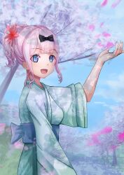 1girl black_bow blue_eyes blue_sky bow branch breasts dreamkite from_side fujiwara_chika japanese_clothes kaguya-sama_wa_kokurasetai_~tensai-tachi_no_renai_zunousen~ kimono large_breasts long_hair long_sleeves pink_hair ponytail sky wide_sleeves