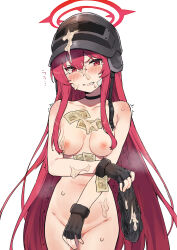 1girl banknote black_choker black_gloves black_panties blue_archive blush breasts choker collarbone covering_crotch covering_privates cum cum_in_clothes cum_in_panties cum_on_body cum_on_headwear facial fingerless_gloves gloves halo helmet highres holding holding_panties holding_underwear holding_unworn_clothes implied_prostitution ketsu_anago long_hair medium_breasts money navel nipples nude panties parted_lips rabu_(blue_archive) red_eyes red_hair red_halo sidelocks simple_background solo underwear very_long_hair white_background