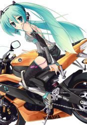 1girl aqua_hair ayase_hikaru blue_eyes detached_sleeves female_focus hatsune_miku headphones headset long_hair motor_vehicle motorcycle smile solo thighhighs twintails vehicle very_long_hair vocaloid yamaha zettai_ryouiki
